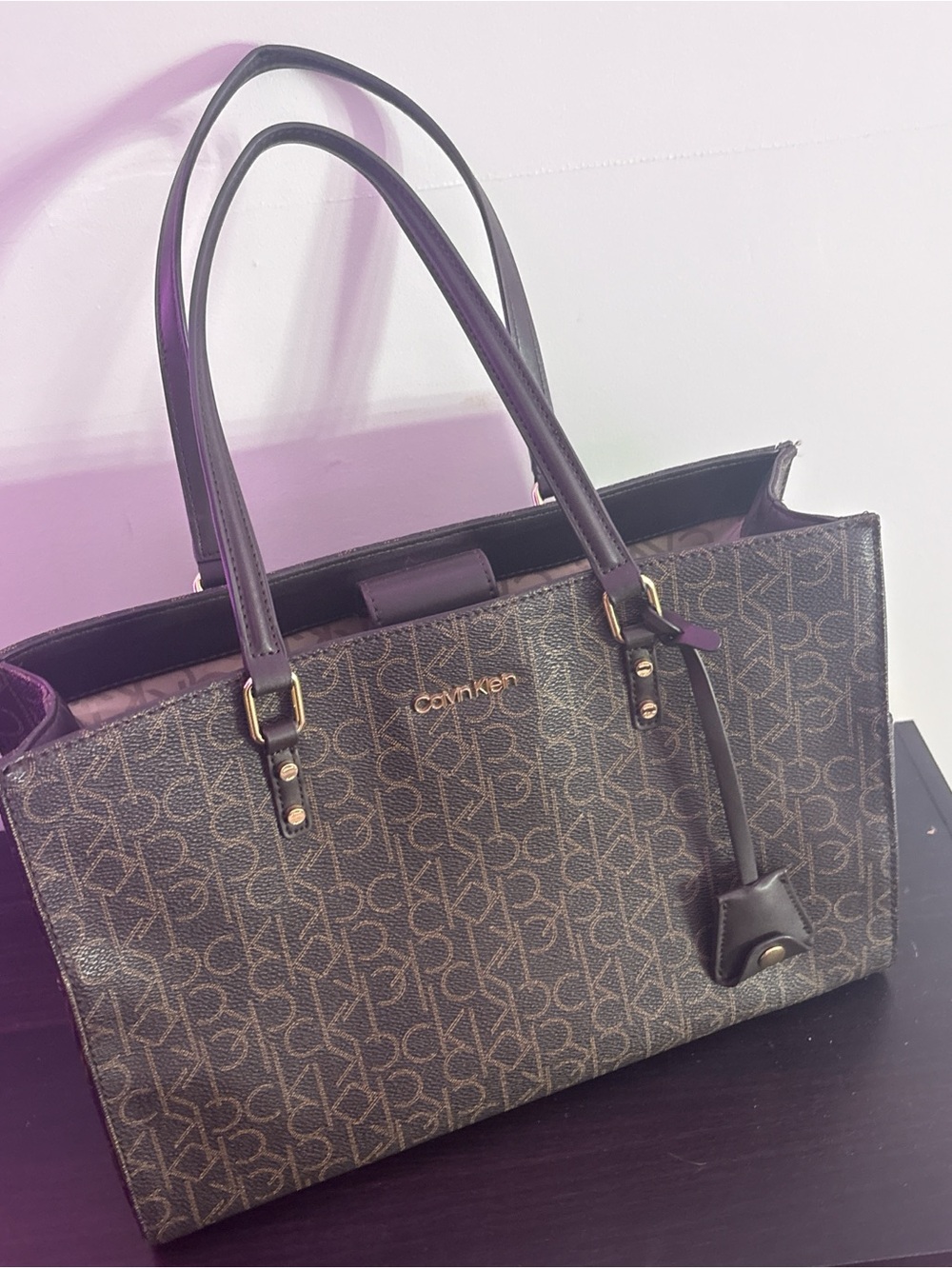 Calvin Klein Dark Brown Monogram Tote with Gold Hardware